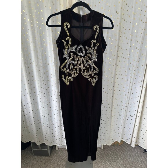 Vintage Asian Inspired Sequin Intricate Beading Chocolate Brown Velvet Dress S - Picture 2 of 4